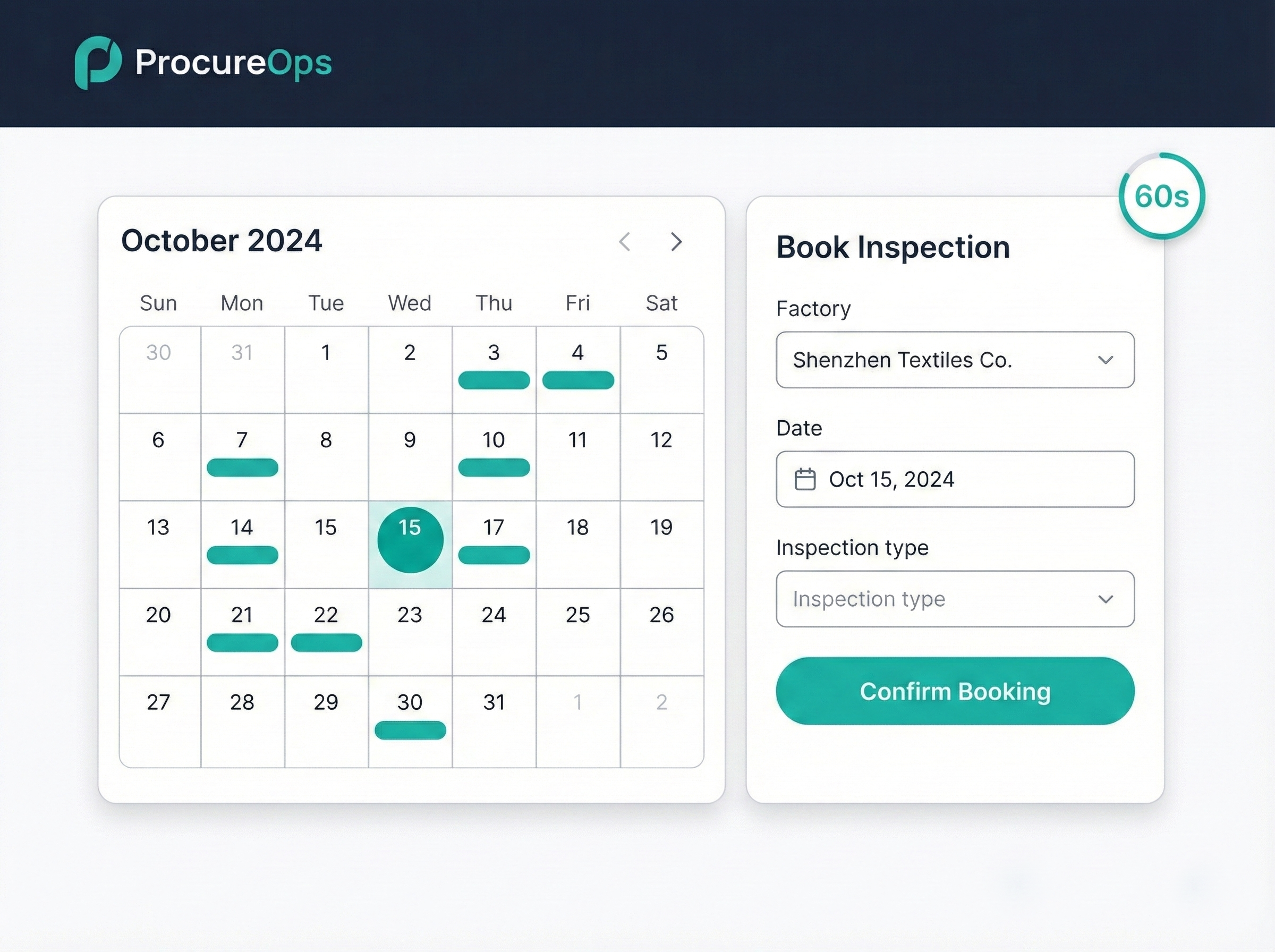 Book inspections in 60 seconds with our calendar interface